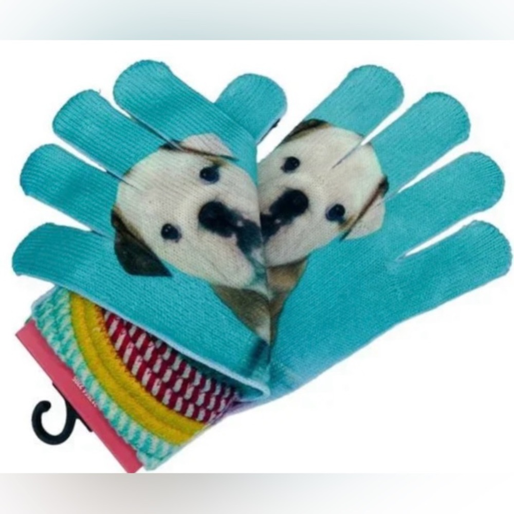 NEW ~ Juncture Women's Light Blue Stretch Knit Gloves "Bulldog Puppy Design "